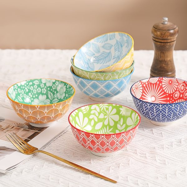 6pcs Colorful Kitchen Ceramic Serving Bowls - Cute Deep Bowl Set for Snacks, Desserts, Rice, Soup, Cereal, Ramen - Microwave and Dishwasher Safe - Ideal for Housewarming and Parties Gift -Christmas Halloween