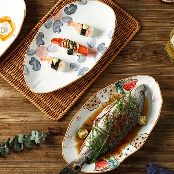 Ceramic Serving Platter Shaped Like a Fish, Measuring 12 Inches, Featuring Floral Designs. It'S a Large, Shallow Dish Suitable for Appetizers, Salads, Desserts, And Snacks, Crafted by Hand And Perfect As a Gift for Tableware Enthusiasts