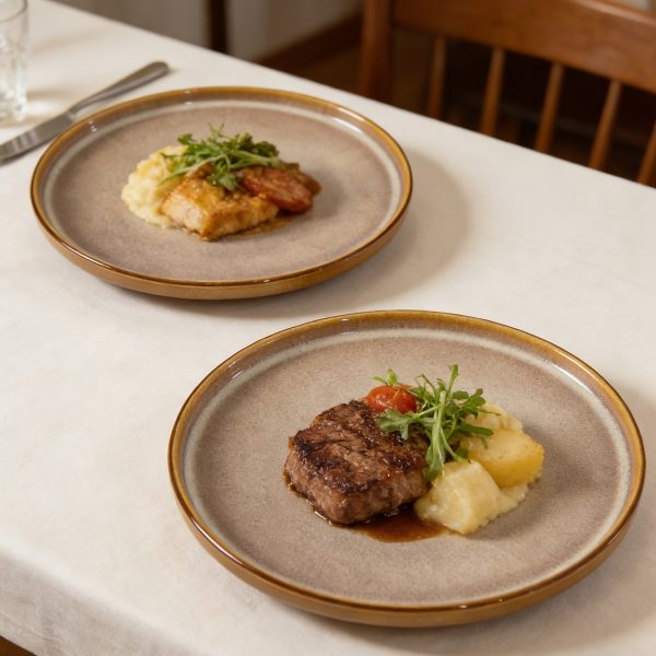 1pc of an 8u002F10 Inch Flat-Bottom Ceramic Plate, Fired in a Kiln And Colored Yellow, Ideal for Serving Dishes Like Desserts, Pasta, Steamed Fish, And Steaks. This Is a High-Quality, Long-Lasting Tableware Suitable for Restaurants