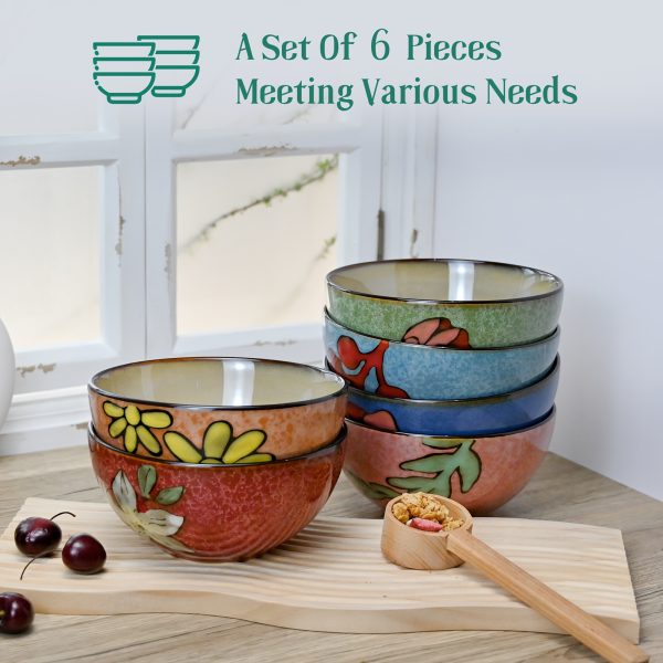 Set of 6 Floral Design Ceramic Bowls, 6 Inches, 28Oz, Suitable for Cereal, Salad, Soup, Dessert, Or Snacks; Safe for Microwave And Dishwasher
