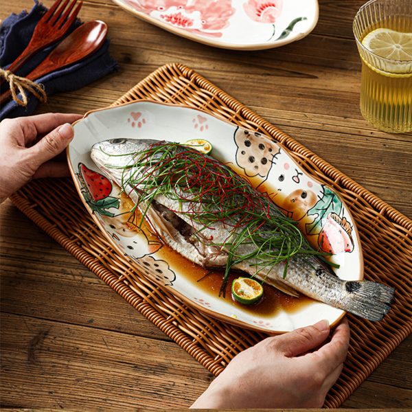 Ceramic Serving Platter Shaped Like a Fish, Measuring 12 Inches, Featuring Floral Designs. It'S a Large, Shallow Dish Suitable for Appetizers, Salads, Desserts, And Snacks, Crafted by Hand And Perfect As a Gift for Tableware Enthusiasts
