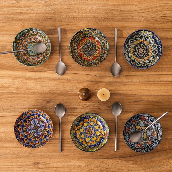 Cereal Bowls Set Of 6, Bohemian Soup Bowls, Colorful Ceramic Serving Bowls for Kitchen, Breakfast, Boho Decorative Bowls, Microwave Oven Safe Bowls for Salad, Pasta, Oatmeal, Kitchen Gadgets