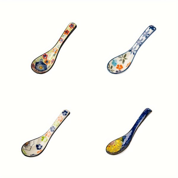 4pcs Bohemian Ceramic Spoon Set, Large Home-Size Soup Spoon, Ramen Spoon, Miso Spoon, Dumpling Spoon, Ceramic Spoon, Ceramic Spoon Set, Soup Spoon, Traditional Hand-Painted Floral Design